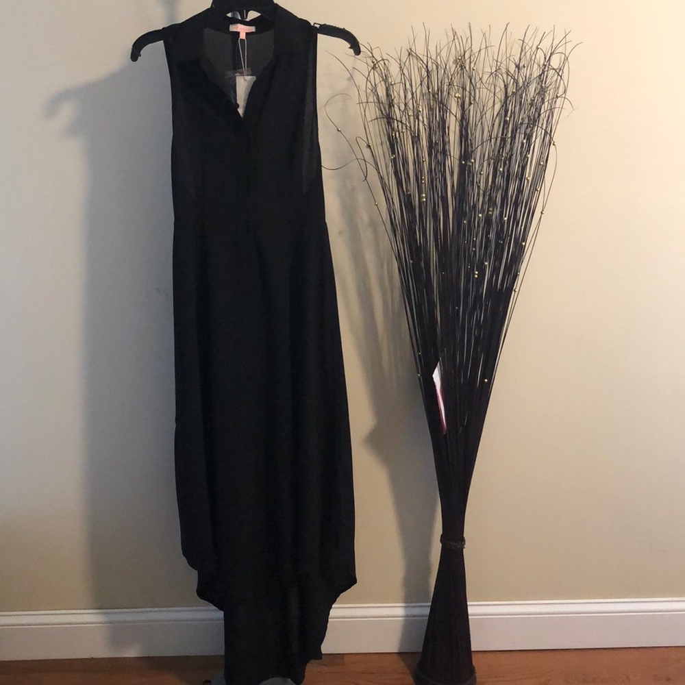 Sleeveless long black dress.